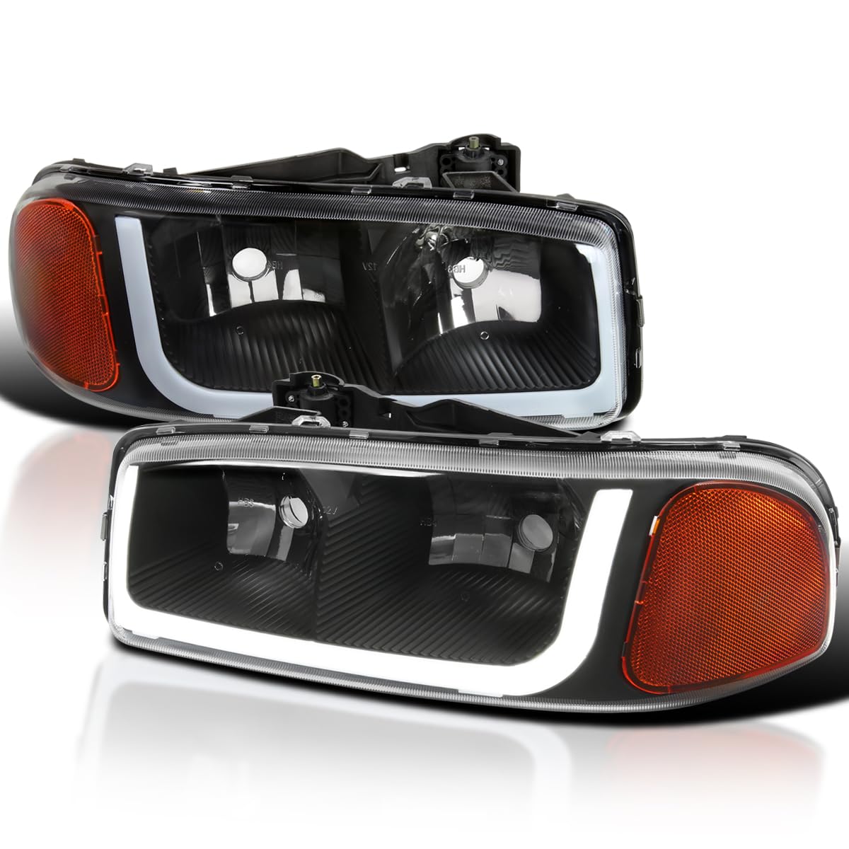 Matte Black SPEC-D TUNING Headlights+LED Strip Compatible with 1999-2006 GMC Sierra 1500/2500/3500, L+R Pair Head Light Lamp Assembly