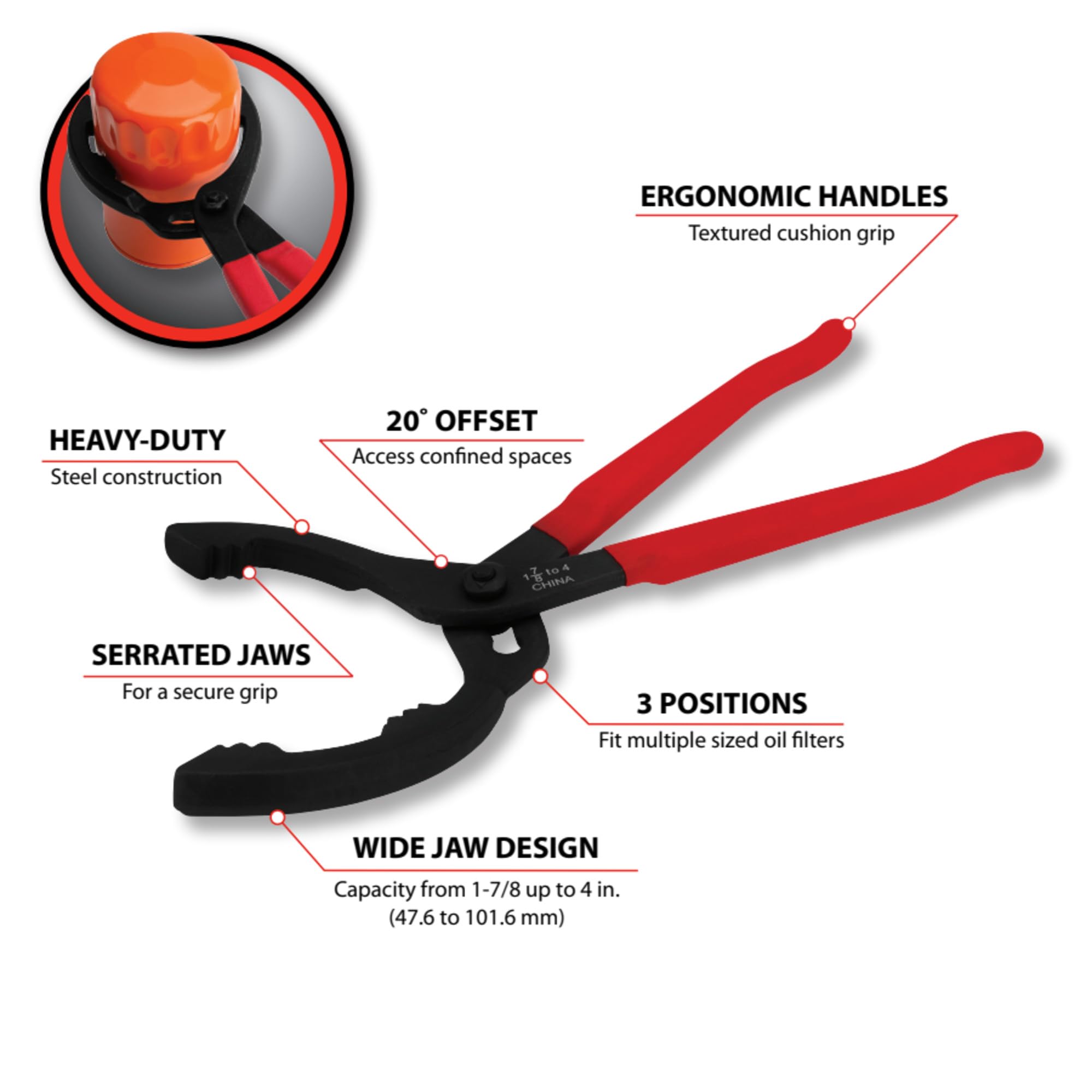 Large Straight Jaw Performance Tool W54311 Oil Filter Pliers, 1-7/8 Inch to 4 Inch - Adjustable, Red/Black