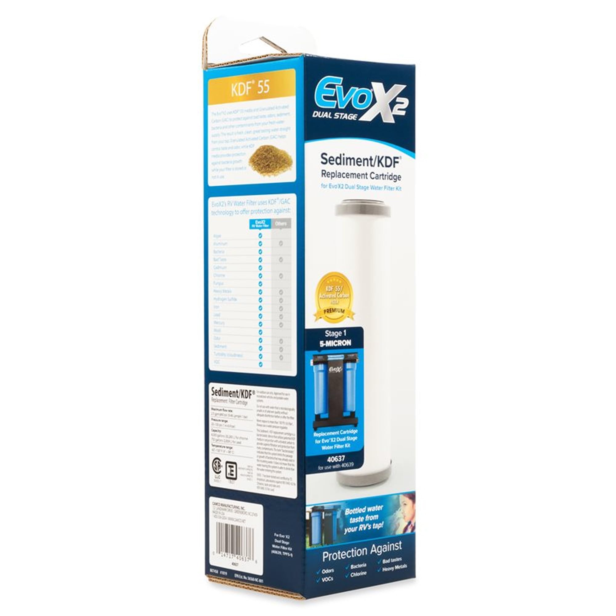 Camco 5-Micron EVO Water Filter Replacement Cartridge - Significantly Reduces Sediment, Taste, Odor and Chlorine - Prolongs Your Carbon Block Filter (40637)