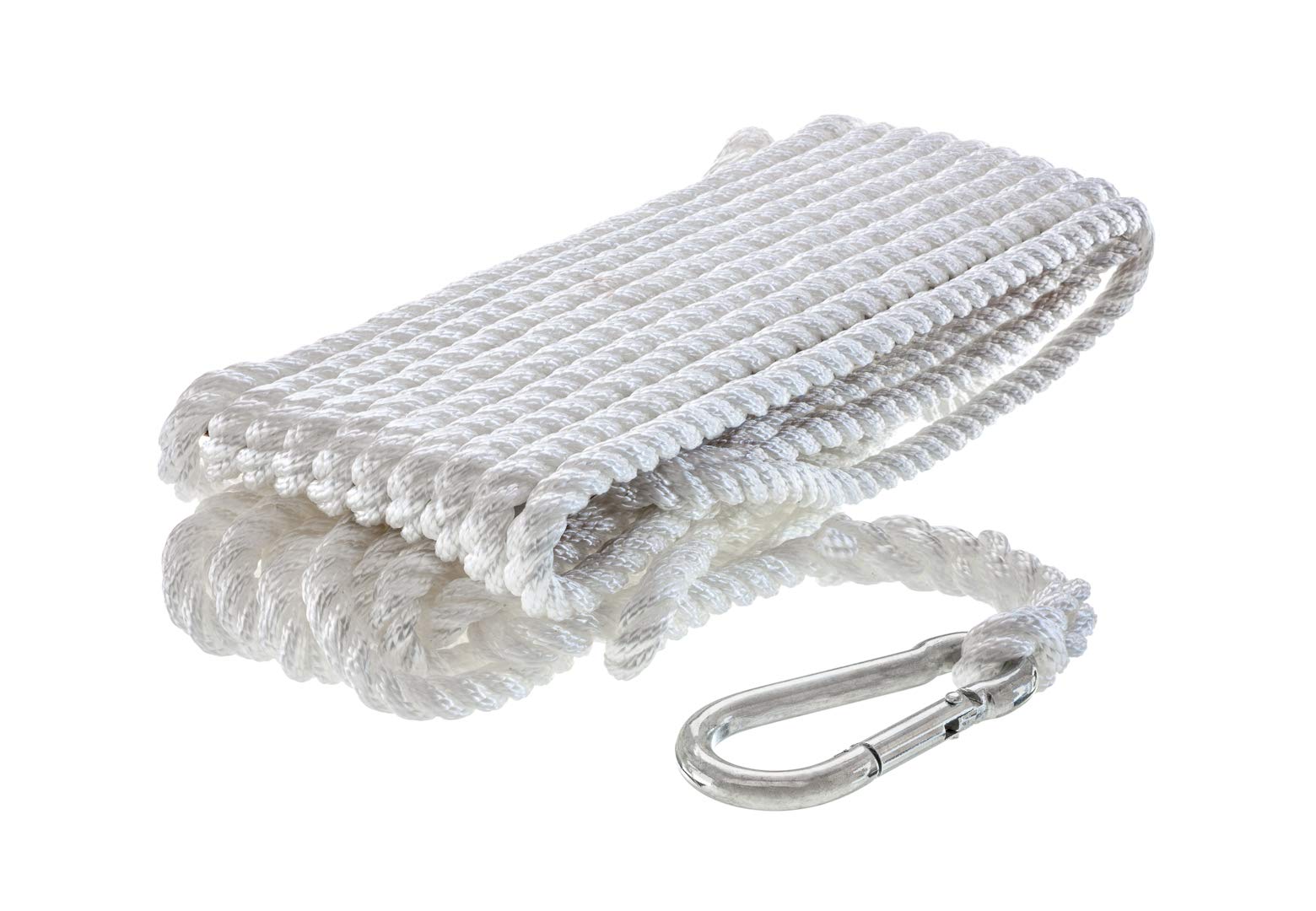Premium Nylon Anchor Line Attwood 11707-7, Twisted Nylon Line With Hook, 3/8-Inch Thick, 50 Feet Long, White