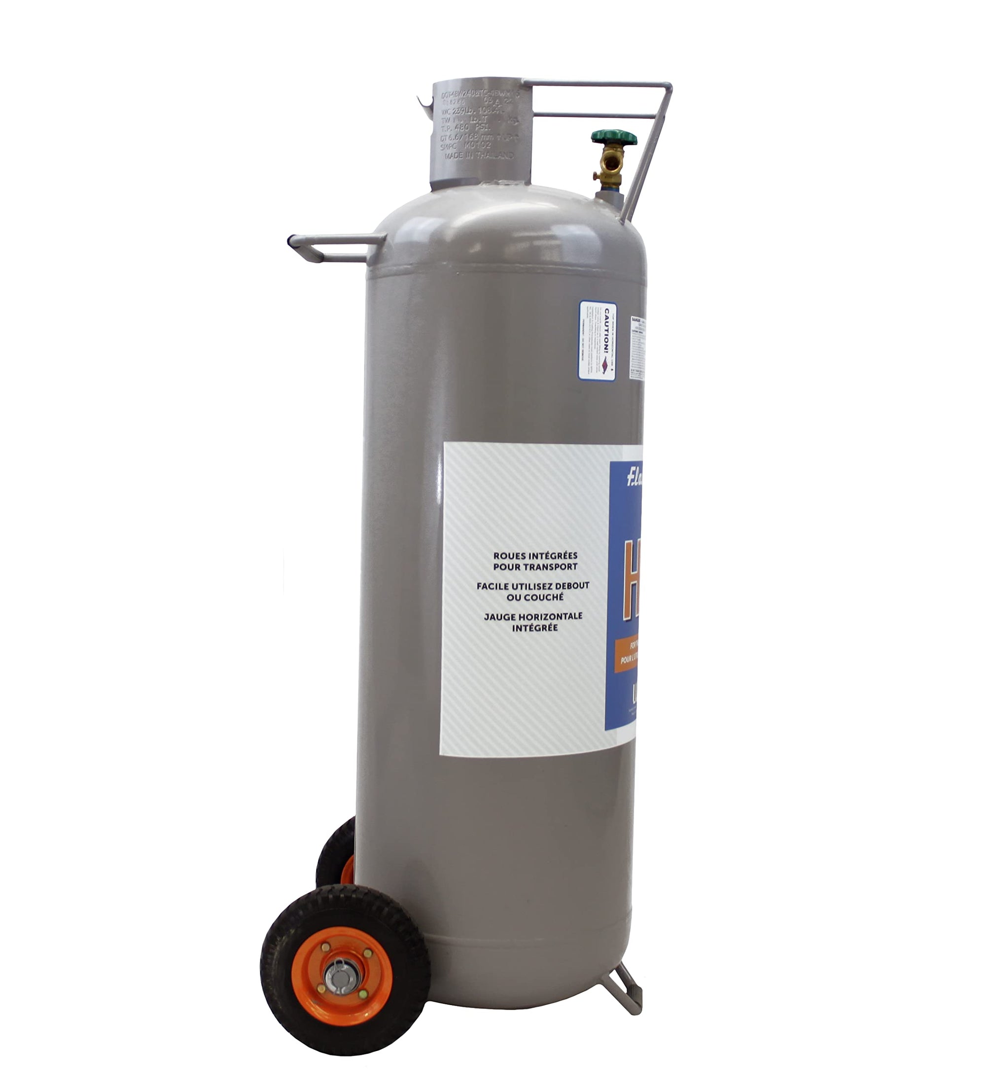 100LB Flame King Empty Propane Tank with Wheels, Horizontal & Vertical LP Cylinder with Built-in Gauge for Fire Tables, Fire Pits, Patio Heaters, Barbeques, Lunch Trucks, Weed Torches & Truck Campers