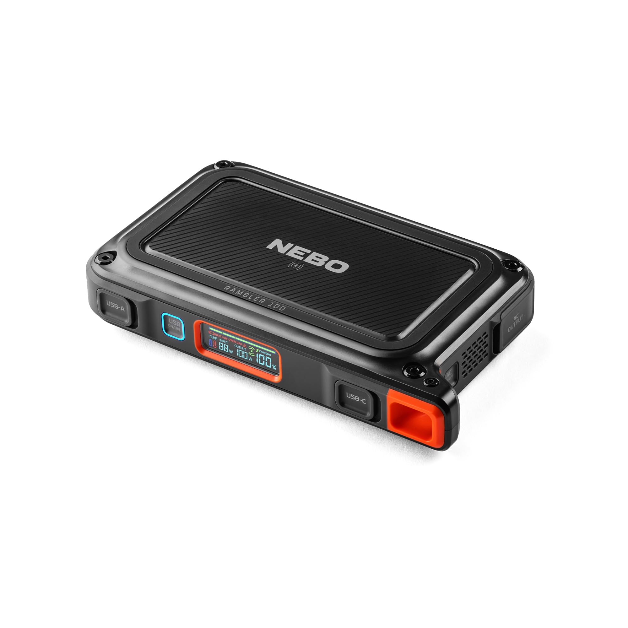NEBO 100 RAMBLER Portable Power Station | 94.4Wh Capacity, 5-Way Output Charging, 100W AC Port Integration includes Power Inverter, Built-In Floodlight, TSA Approved
