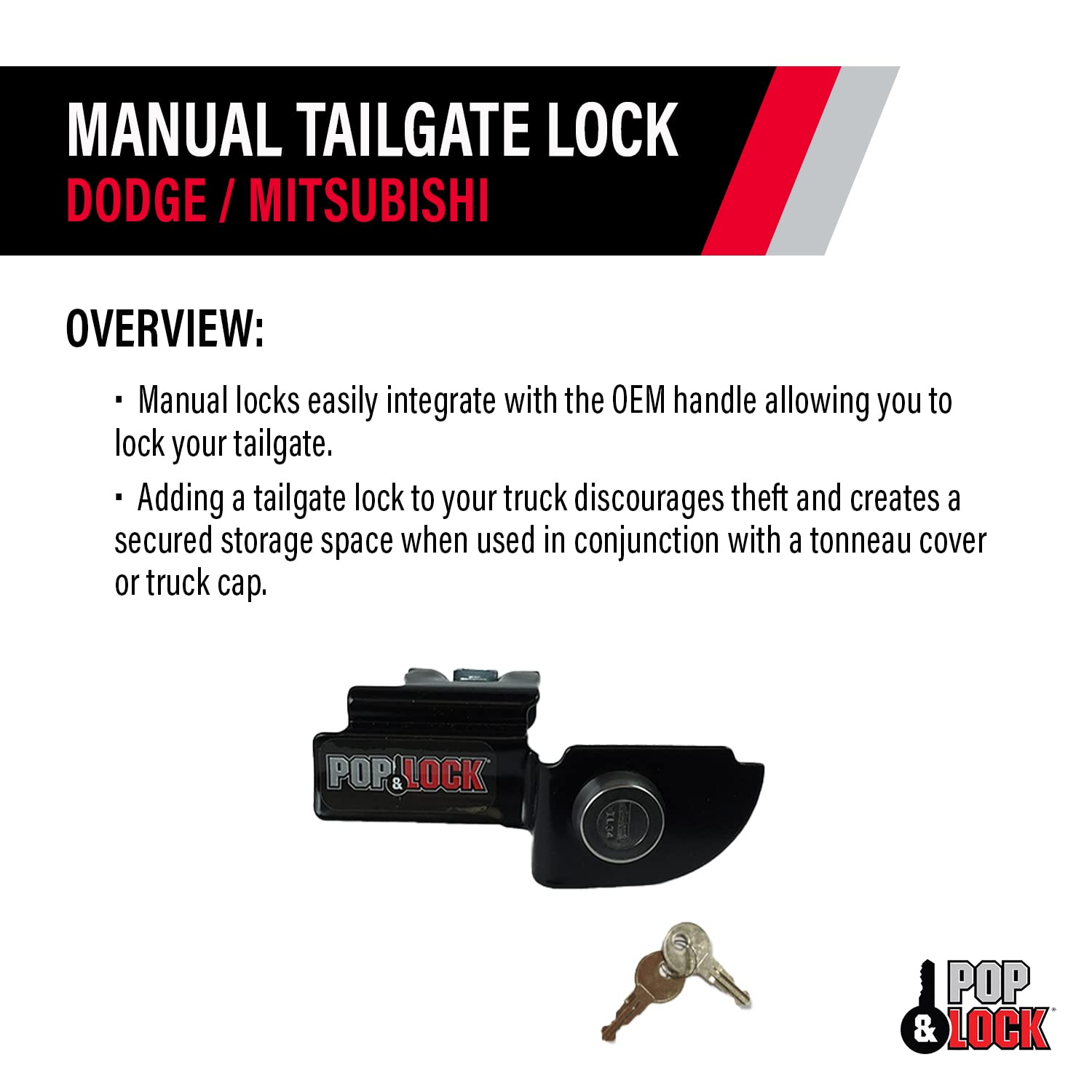 Pop & Lock - Black PL3600 Manual Tailgate Lock for Dodge Dakota and Mitsubishi Raider
