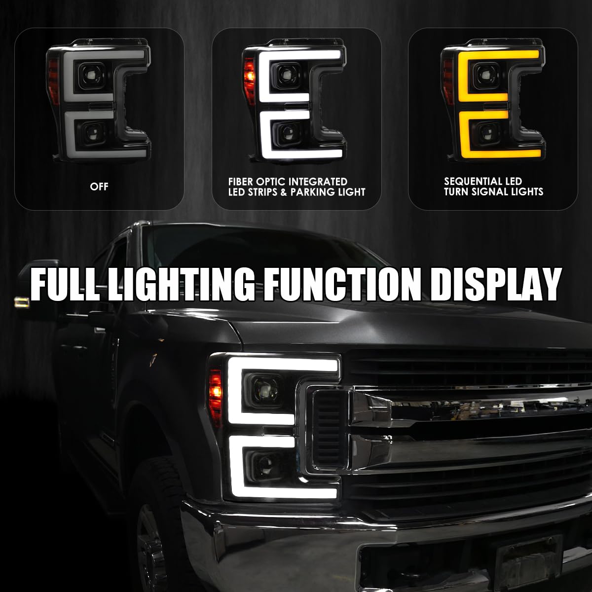 Black Smoke SPEC-D TUNING Projector Headlights w/LED Sequential Turn Signal Switchback Compatible with 2017-2019 Ford F-250, F-350, F-450, F-550 Super Duty, Left + Right Pair Headlamps Assembly