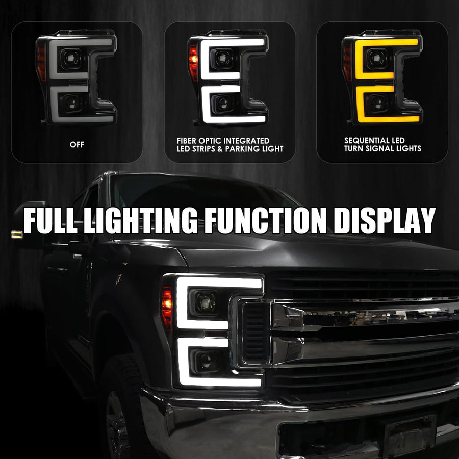 Black Smoke SPEC-D TUNING Projector Headlights w/LED Sequential Turn Signal Switchback Compatible with 2017-2019 Ford F-250, F-350, F-450, F-550 Super Duty, Left + Right Pair Headlamps Assembly