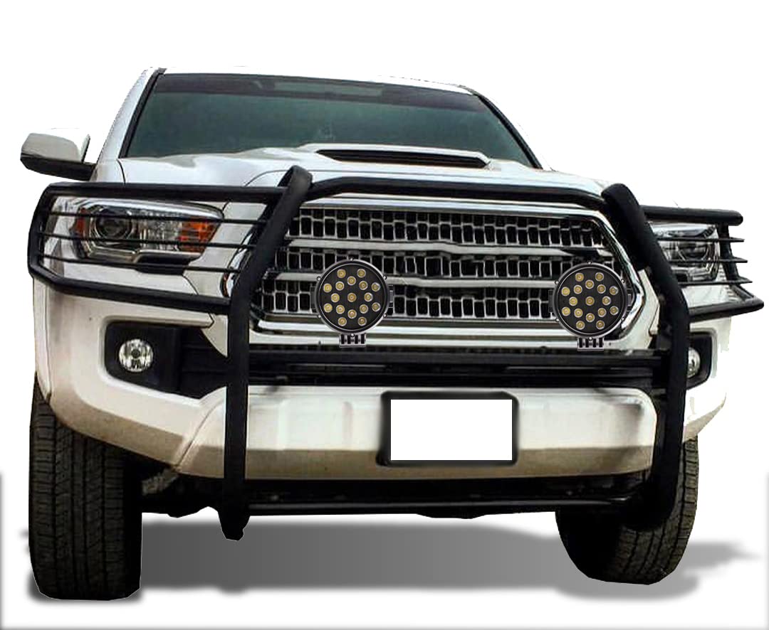 Bumper Guard Black Horse Grille Brush Modular Black Come with Pair of 7.0" Dia.LED Lights with Black Trim Rings Compatible with 2016-2023 Toyota Tacoma-17A096402MA-PLB