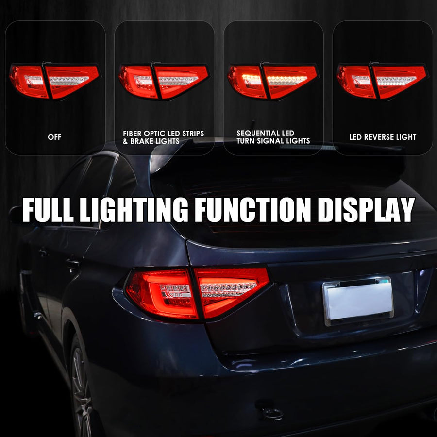 Red Sequential Tail Lights w/LED Bar SPEC-D TUNING Compatible with 2008-2011 Subaru Impreza WRX Hatchback, Left + Right Pair Assembly