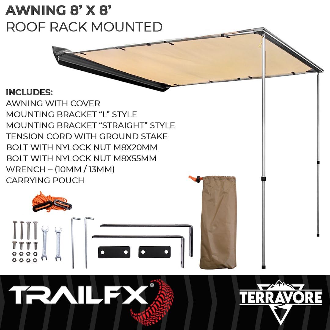 TrailFX 8 Foot Length Roof Rack Mounted Awning x 8 Foot Extension Terravore Manual Tan 420D Oxford Polyester Canopy with Black Weather Cover Aluminum Frame and Poles AWN003 TrailFX