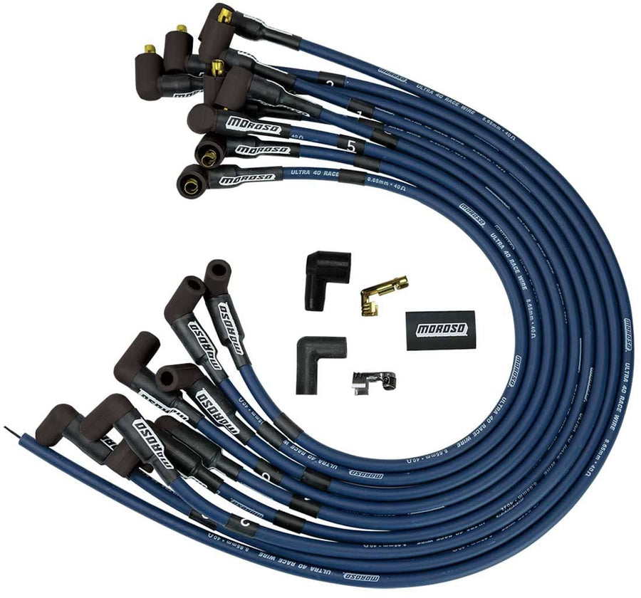 Ultra 40 Moroso 73663 Spark Plug Wire Set, Fits Small Block Chevy w/ 90 Degree Plug Ends, Non HEI Distributor, over valve cover routing