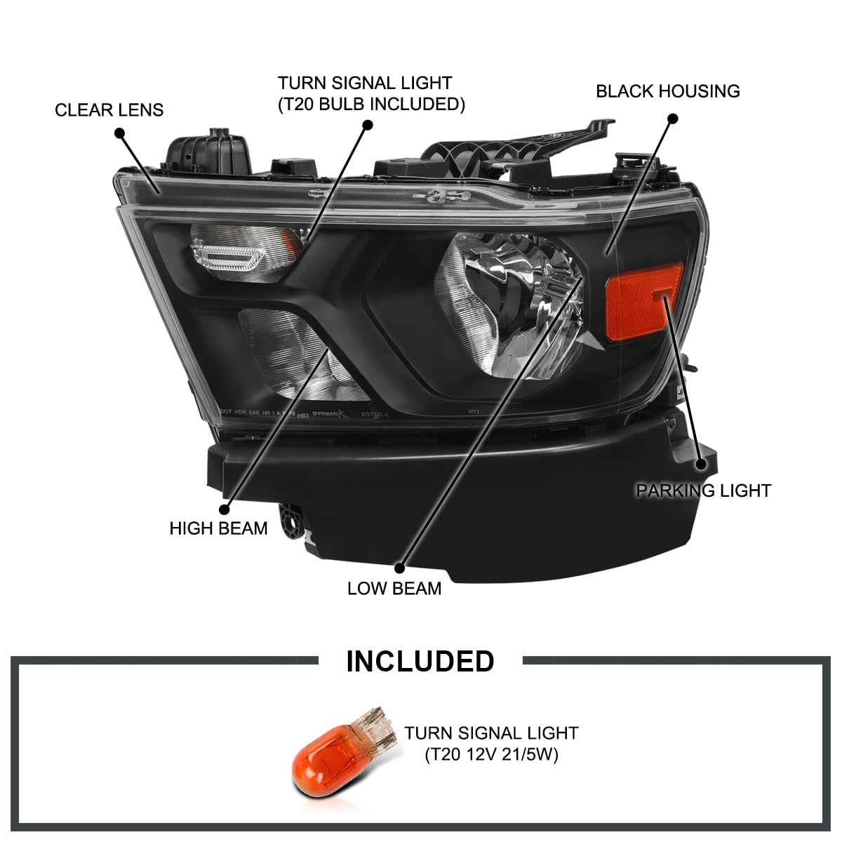 Black Headlights SPEC-D TUNING Compatible with 2019-2024 Ram 1500, Left + Right Pair Headlamp Assembly