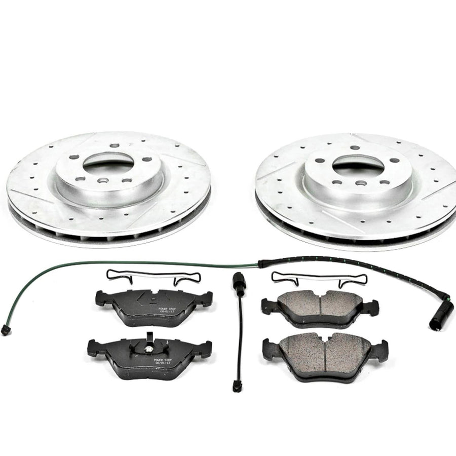 Power Stop K582 Z23 Front Carbon Fiber Brake Pads with Drilled & Slotted Brake Rotors Kit and 1 Front Sensor Wire For BMW M3 1995-1999, BMW Z3 1998-2002 [Model Specific]