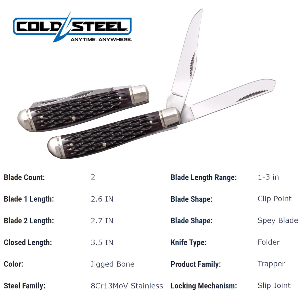 Mini Trapper Cold Steel Versatile Practical Durable Compact Pocket Folding Knife - 2 Blades; Jigged Bone Handle; Slip Joint Lock