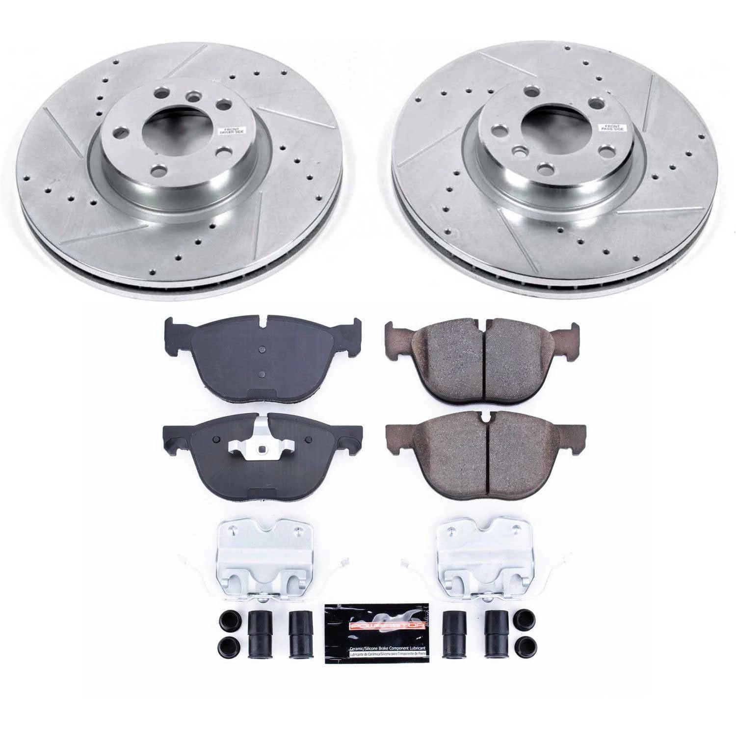 Power Stop K6061 Z23 Carbon Fiber Brake Pads Front with Drilled & Slotted Brake Rotors Kit and 1 Front Sensor Wire For BMW X5 2011-2013, BMW X5 2016-2018 [Model Specific]