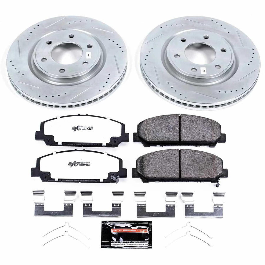 Front Brake Kit Power Stop For 2011 2012 2013 Infiniti QX56 - Truck & Tow Carbon Fiber Ceramic Brake Pads & Drilled and Slotted Rotors Replacement, K6321-36