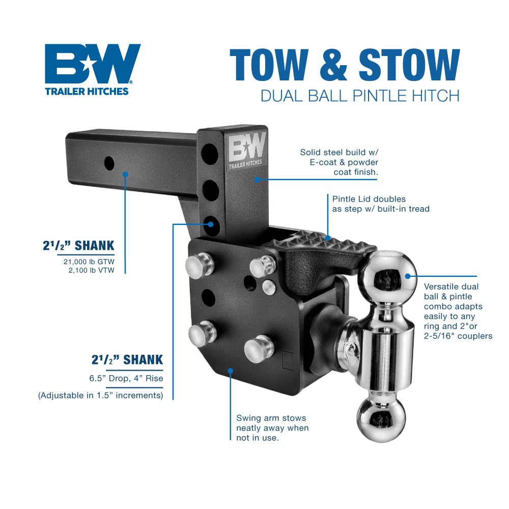 Dual Ball B&W Trailer Hitches Pintle Tow & Stow - Fits 2.5" Receiver, Dual Ball (2" x 2-5/16"), 6.5" Drop, 21,000 GTW -TS20053B