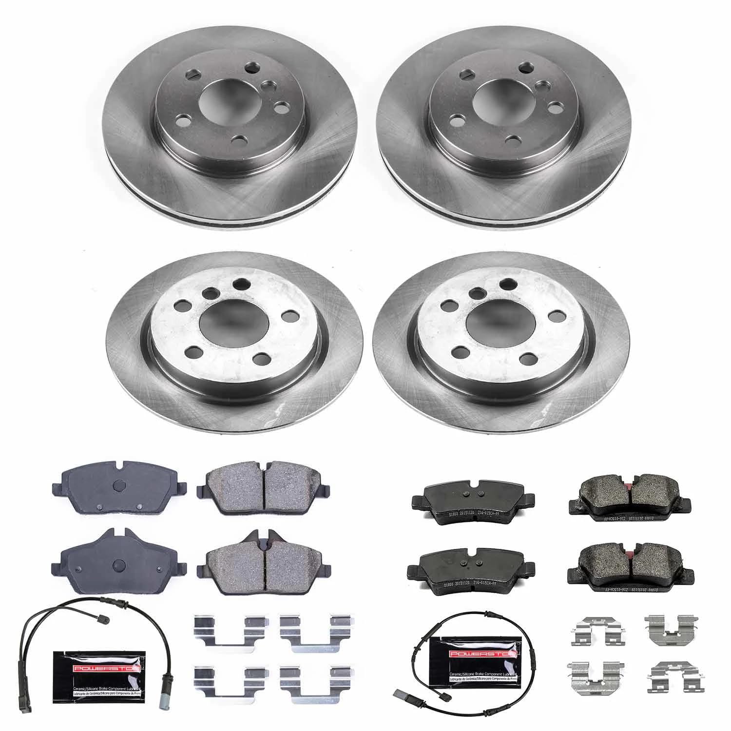 Power Stop KOE7978 Stock Replacement Brake Kit Front & Rear and 1 Front & 1 Rear Sensor Wires For Mini Cooper 2014-2023 [Model Specific]