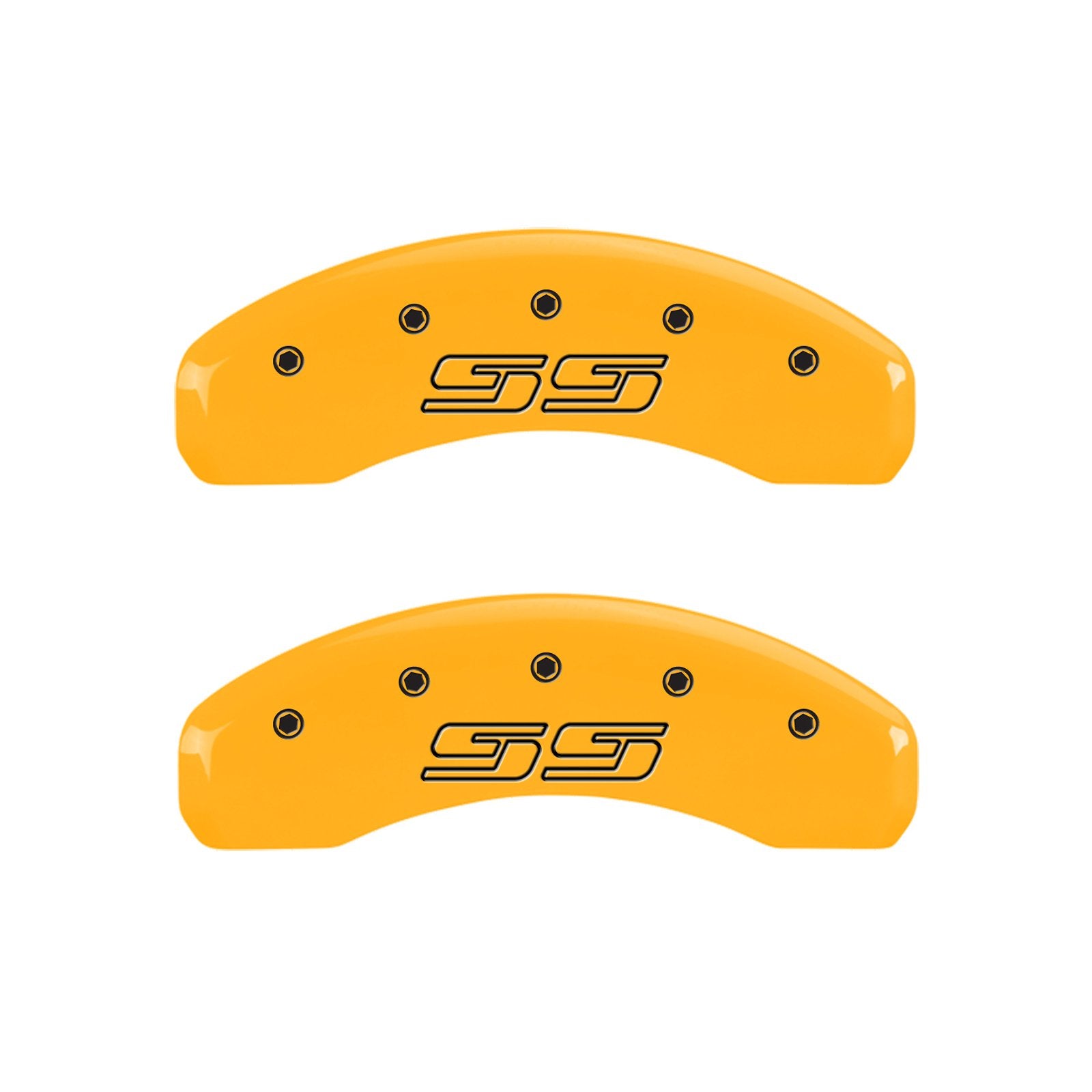 Caliper Covers MGP 14004SSS1YL, Set of 4 (Yellow Engraved Front and Rear: Avalanche Style/SS Powder Coat Finish Black Characters)