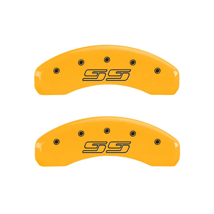 Caliper Covers MGP 14004SSS1YL, Set of 4 (Yellow Engraved Front and Rear: Avalanche Style/SS Powder Coat Finish Black Characters)