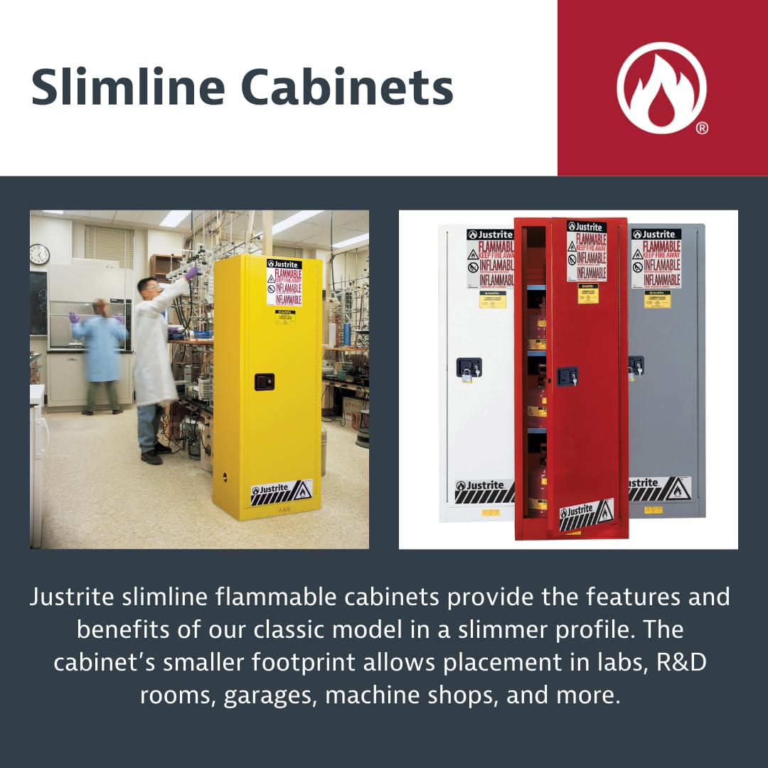Justrite 22 Gallon Slimline Self Close Flammable Storage Cabinet, 18 Gauge Steel, 3 Shelves, 2 Door Fire Cabinet, 65" x 23" x 18", Made in The USA, Yellow, 892220
