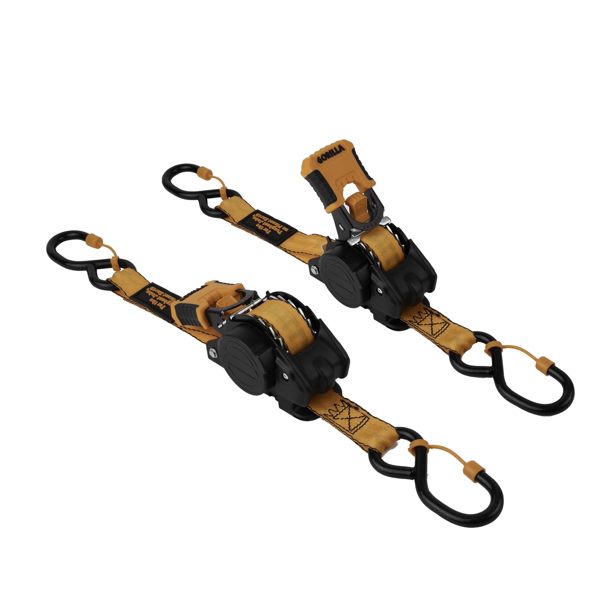Gorilla Tie Down Ratchet Straps (2Pack) 1in x 10ft 1200lb Break Strength, Self-Locking Retractable, Heavy-Duty Orange Webbing, Gorilla-Grip Handles, Cap Locks, E-Coated Ratchets, Vinyl Hooks for Cargo