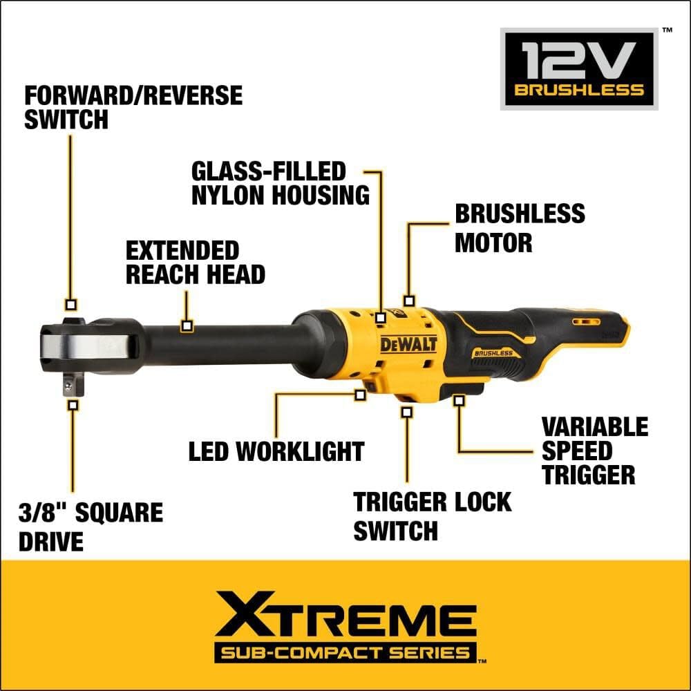 DEWALT 12V MAX* XTREME Cordless Ratchet, Brushless,3/8 in., Extended Reach, Tool Only (DCF503EB)