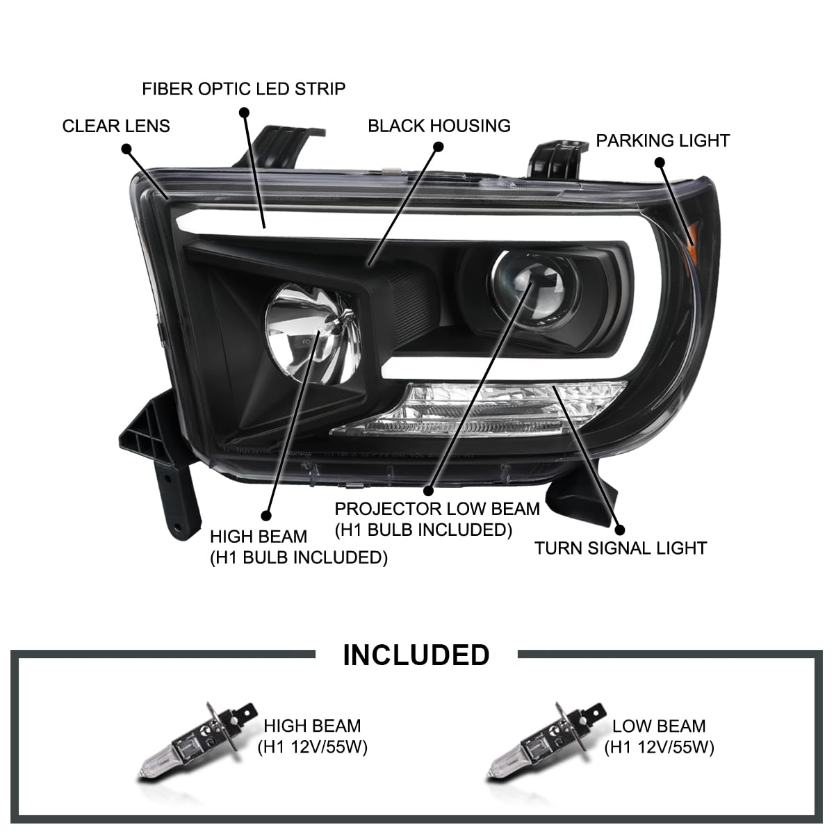 Black Projector Headlights w/LED Light Bar SPEC-D TUNING Compatible with 2007-2013 Toyota Tundra, 2008-2017 Toyota Sequoia, Left + Right Pair Headlamps Assembly