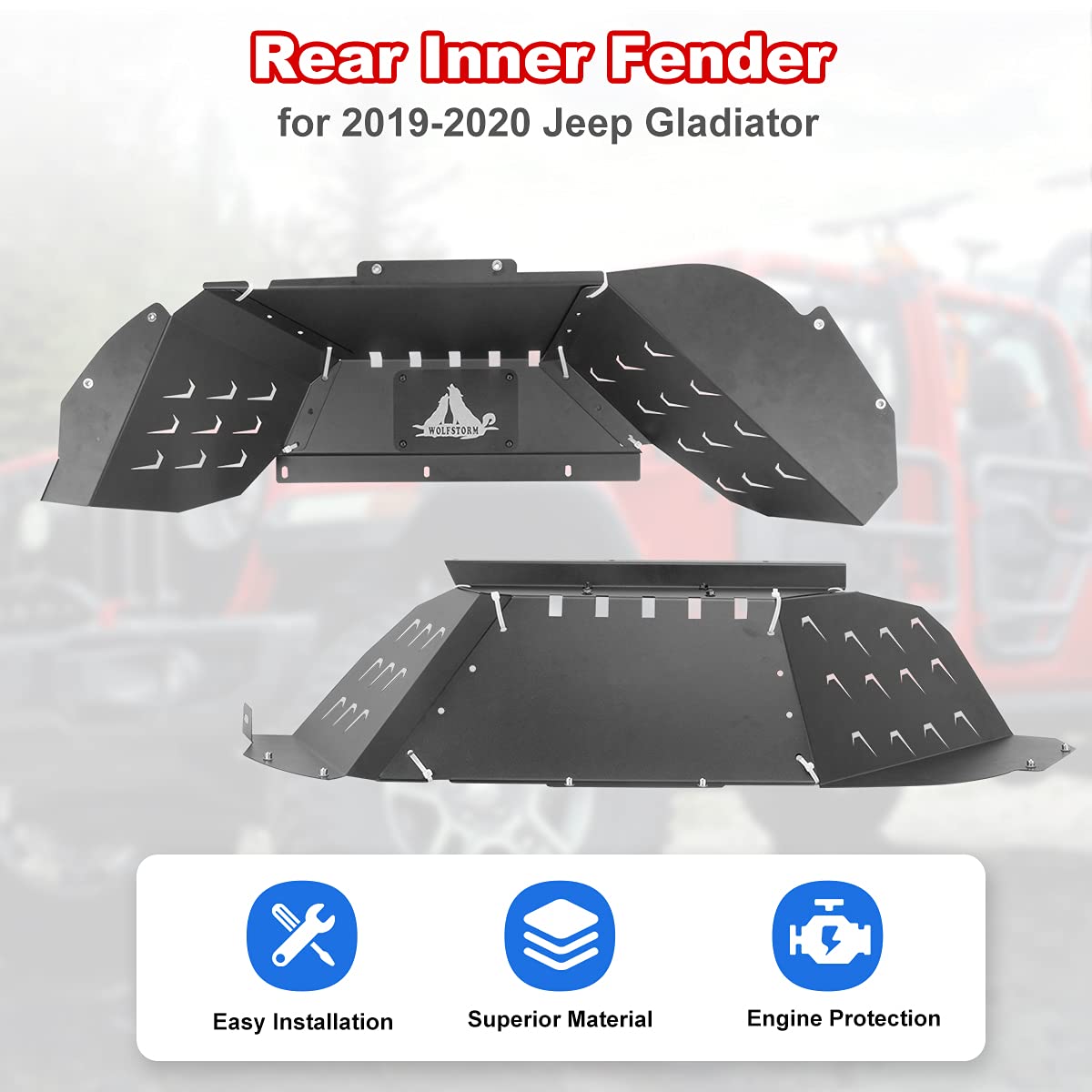 Rear Inner Fender Liners Kit WOLFSTORM for 2019-2026 Jeep Gladiator JT Rear Inner Fender Flares Pair, Black Q235A Steel, Rustproof Coat, DIY Design, Passenger and Driver Side(Rear)