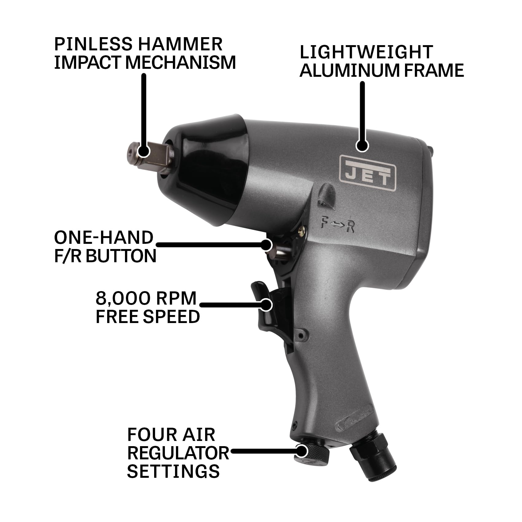 JET Aluminum 1/2-Inch Impact Wrench, 250 ft-lbs, 8000 RPM (Model JAT-102)
