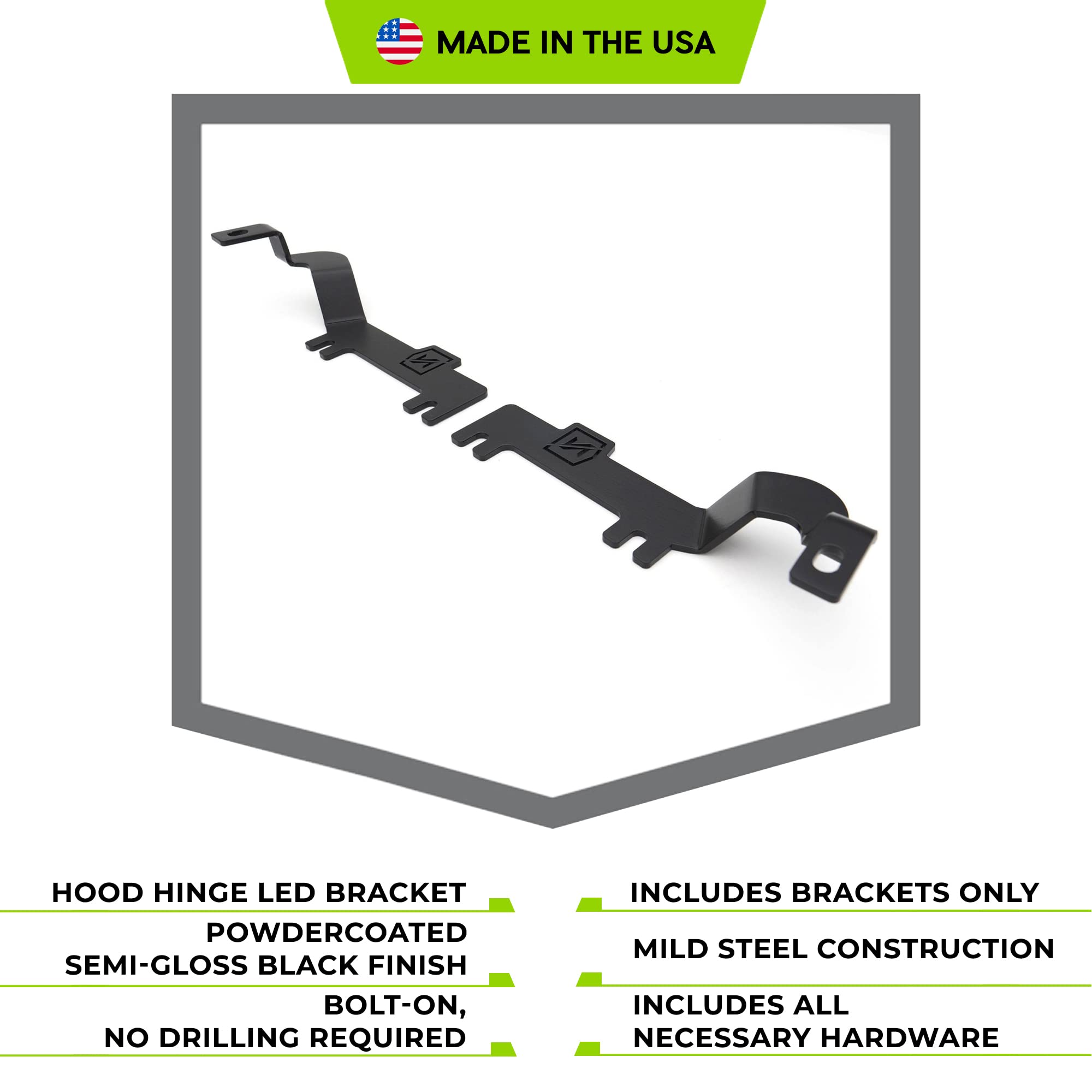 ZROADZ LED Mounting Bracket Ditch Hood Hinge - Compatible w/ 2019-2022 Chevy Silverado 1500 - to Mount (2) 3 Inch LED Pod Lights - Mild Steel Gloss Black Finish - Bolt-On Installation - PN #Z362181