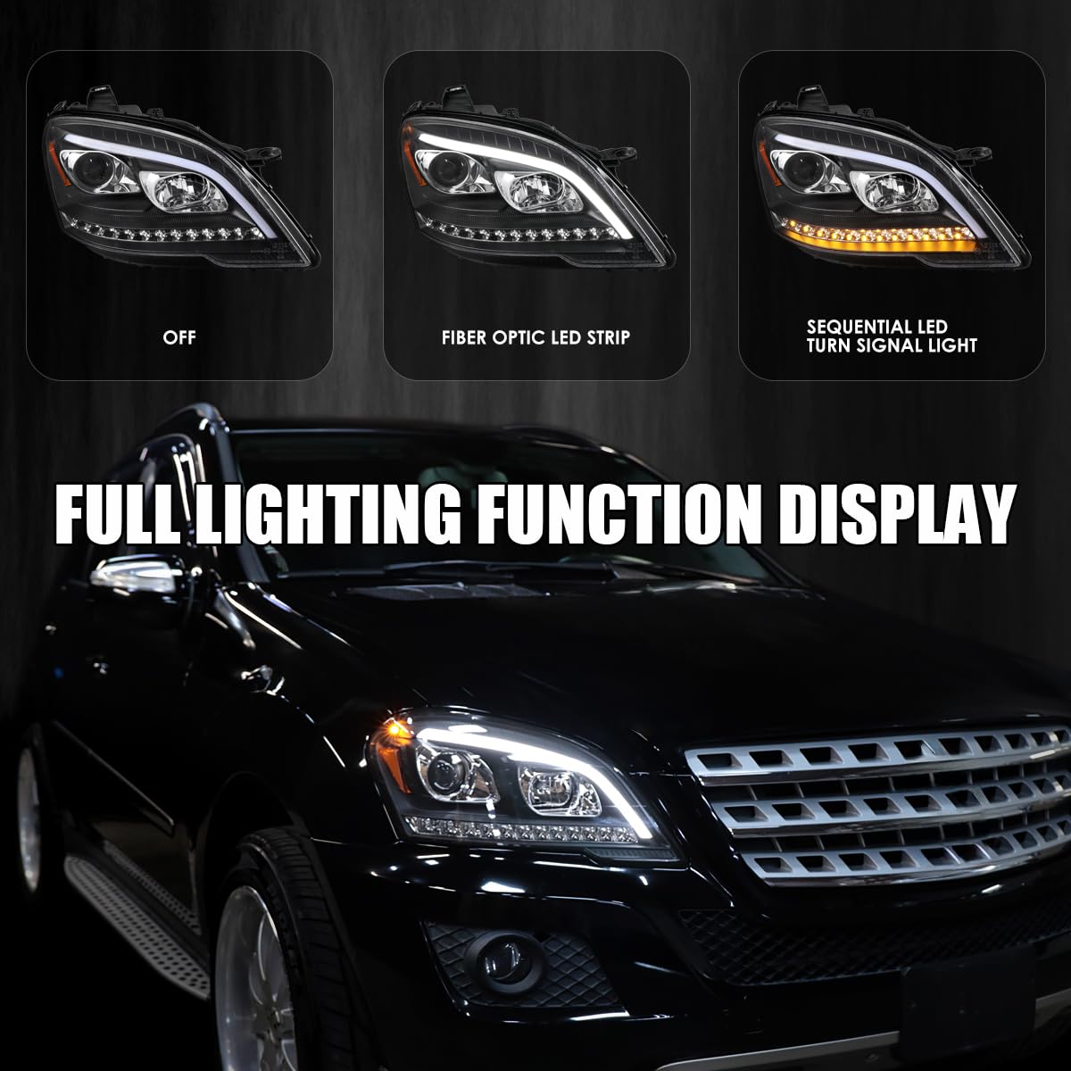 Matte Black SPEC-D TUNING Projector Headlights with LED Sequential Turn Signals Compatible with 2009-2011 Mercedes Benz W164 ML320, Left + Right Pair Headlamp Assembly