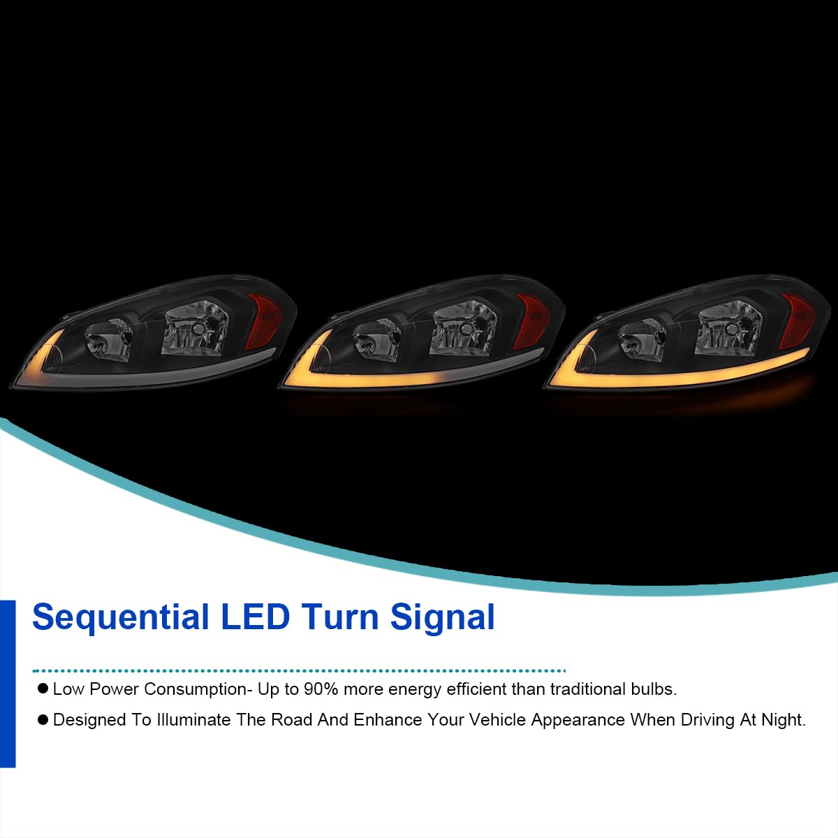 Black Headlights w/Switchback LED Signals SPEC-D TUNING Compatible with 2006-2013 Chevy Impala, Left + Right Pair Headlamps Assembly