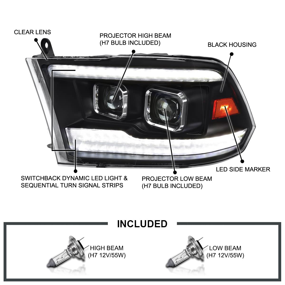 Matte Black SPEC-D TUNING Projector Headlights w/Sequential Switchback LED Turn Signal Compatible with 2009-2018 Dodge Ram 1500 2500 3500, 2019 Ram Classic, Left + Right Pair Headlamps Assembly