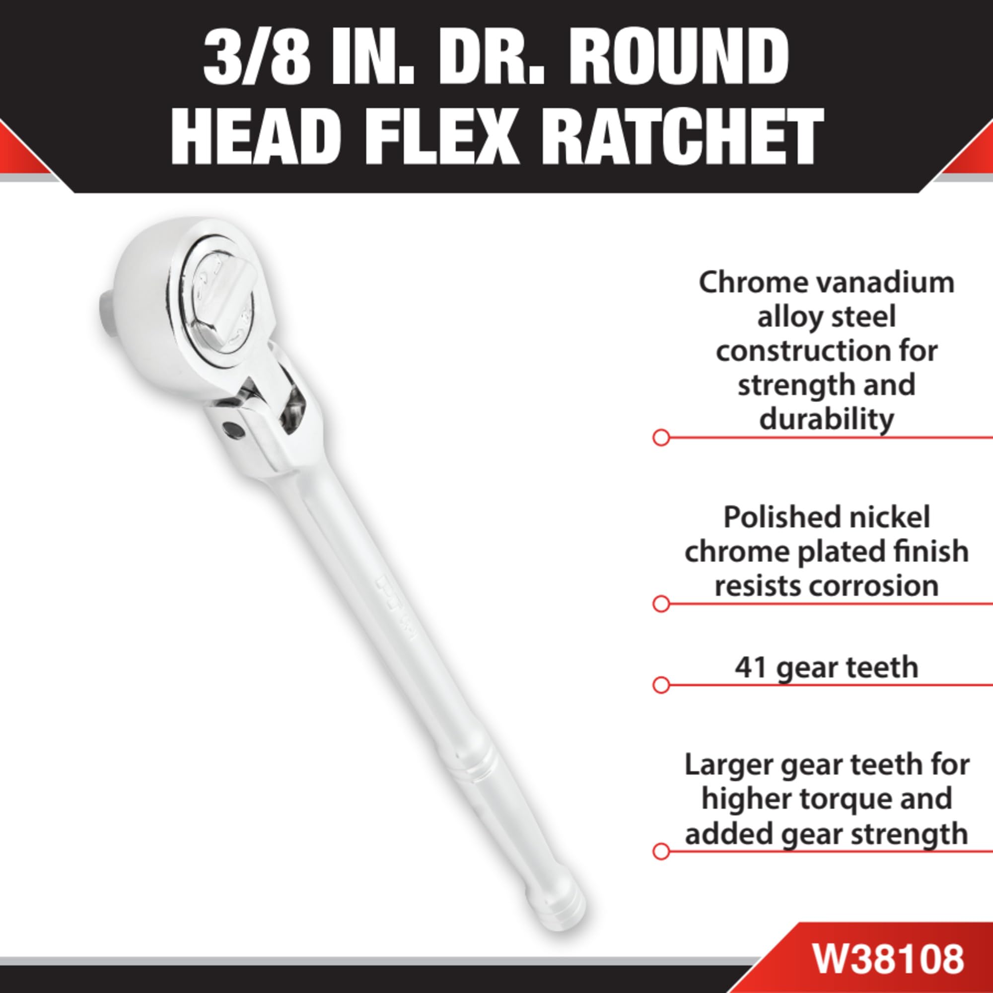 3/8-Inch Drive Performance Tool W38108 Round Head Flex Ratchet