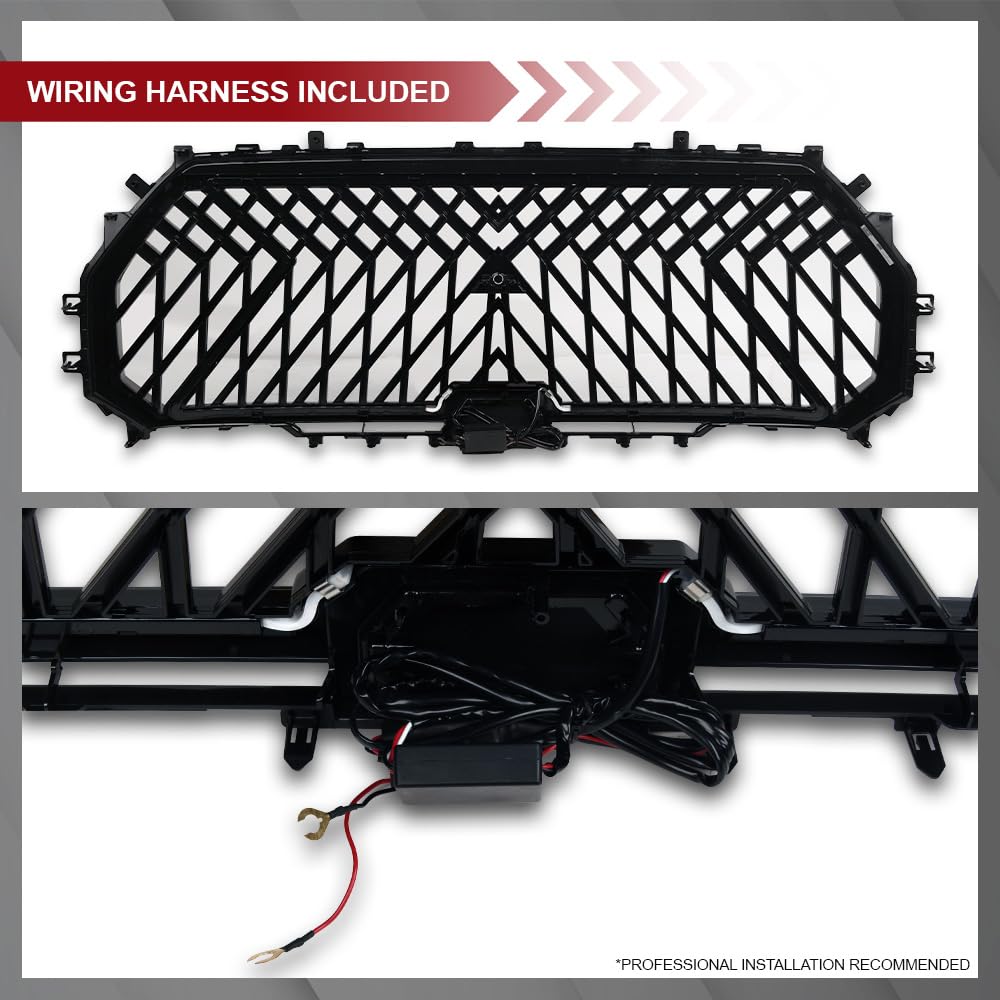 LED Front Grille Armordillo LEX Style|Compatible With 2022-2024 Toyota Tundra|8735008|ABS Plastic|Gloss Black|Front Hood Bumper Grille With Light Bar
