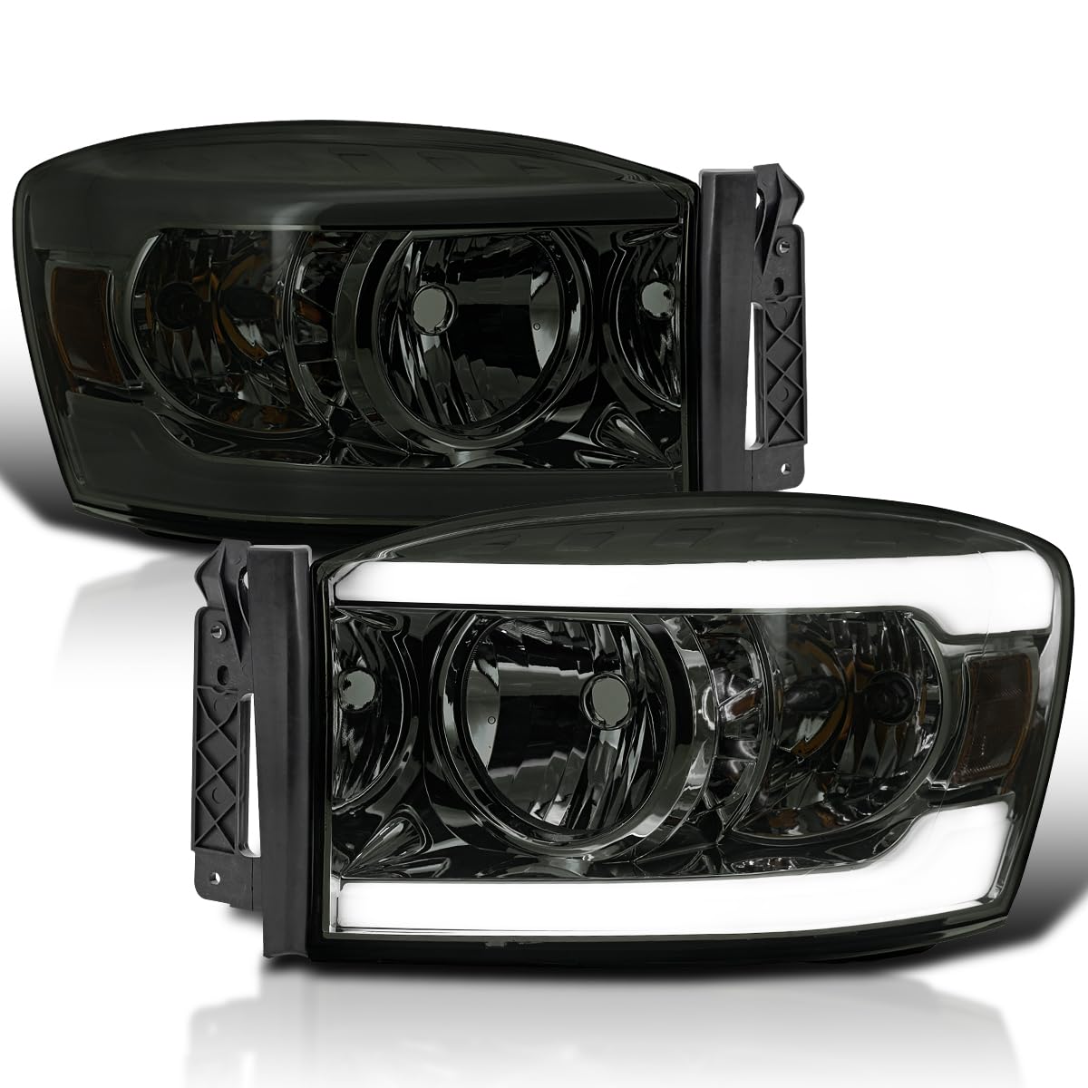 Smoke Headlights SPEC-D TUNING w/LED Bar Compatible with 2006-2008 Dodge Ram 1500/2500 / 3500, 2007-2009 Dodge Ram 2500/3500, Left + Right Pair Headlamps Assembly