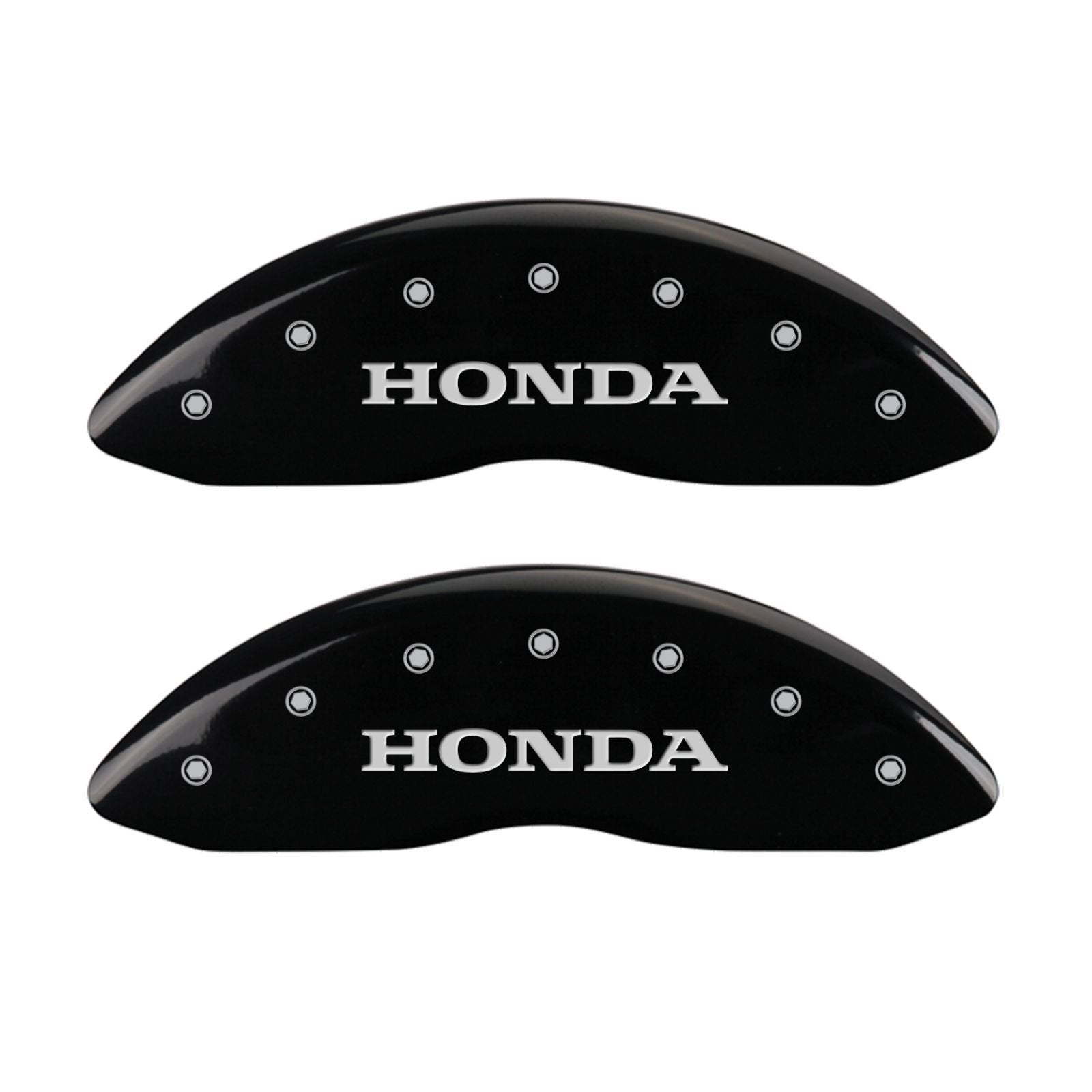 Caliper Covers MGP 20219SHONBK Black Powder Coat Finish Front and Rear Caliper Cover, Set of 4 (Honda Silver Characters, Engraved)