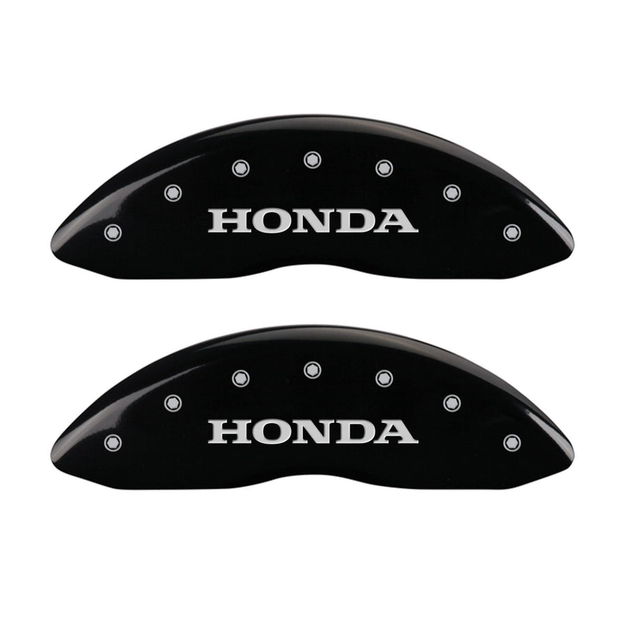 Caliper Covers MGP 20219SHONBK Black Powder Coat Finish Front and Rear Caliper Cover, Set of 4 (Honda Silver Characters, Engraved)