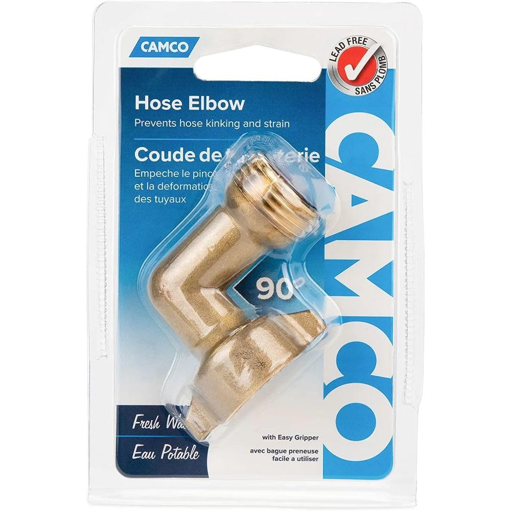 90-Degree Hose Elbow Camco For RVs - Solid Brass Construction- Certified Lead-Free - Features Convenient Easy Grip Connector - For RV Water Hoses, Residential Outdoor Faucets, & More - 1-Pack (22505)