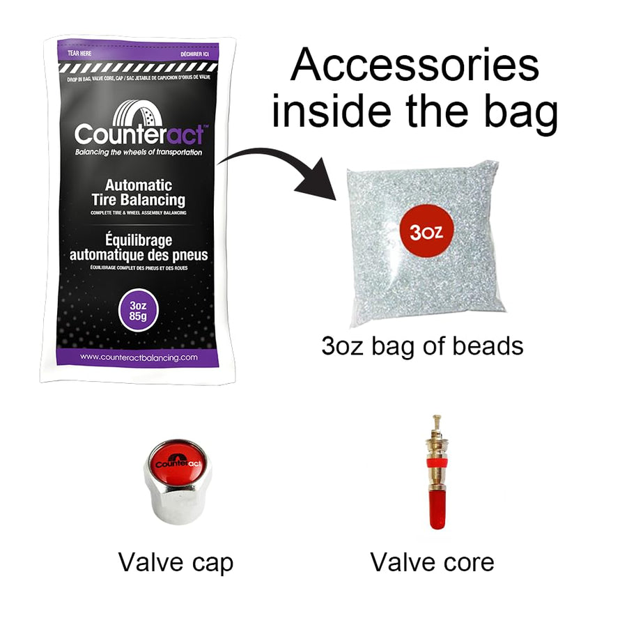 DIYTK3-2 Counteract Tire/Wheel Balancing Beads Kit – for All Trailers, Includes (2) 3oz Bead Bags, (2) Valve Caps & Cores, (1) Core Remover, & Injector Bottle