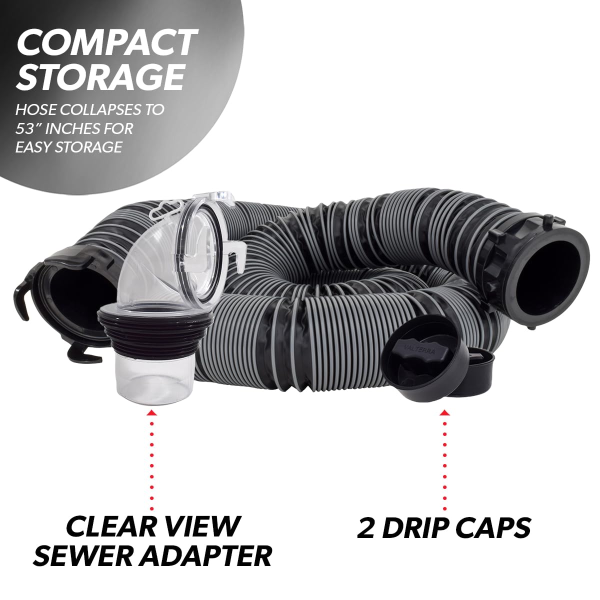 15-Foot Valterra Silverback™ RV Sewer Hose Kit, Universal Sewer Hose for Camper, Includes 15-Foot Hose with Rotating Fittings, 90 Degree ClearView Sewer Adapter and 2 Drip Caps