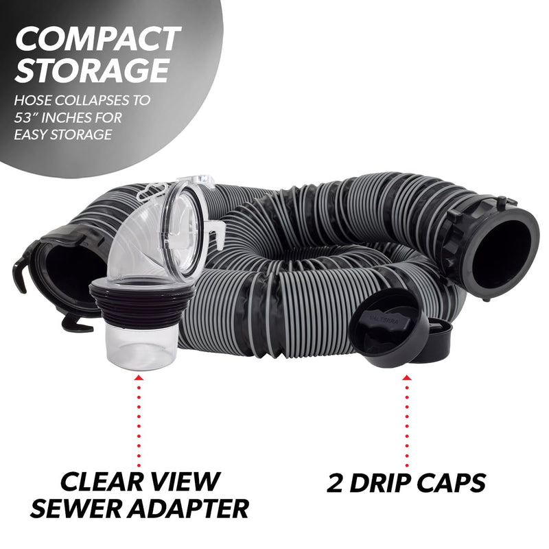 15-Foot Valterra Silverback™ RV Sewer Hose Kit, Universal Sewer Hose for Camper, Includes 15-Foot Hose with Rotating Fittings, 90 Degree ClearView Sewer Adapter and 2 Drip Caps