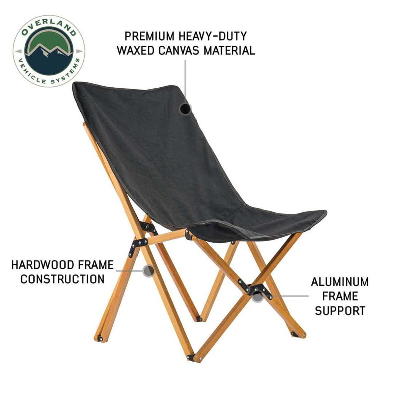Kick It Camp Chair - Overland Vehicle Systems Black Canvas Body with Wood Base & Storage Bag