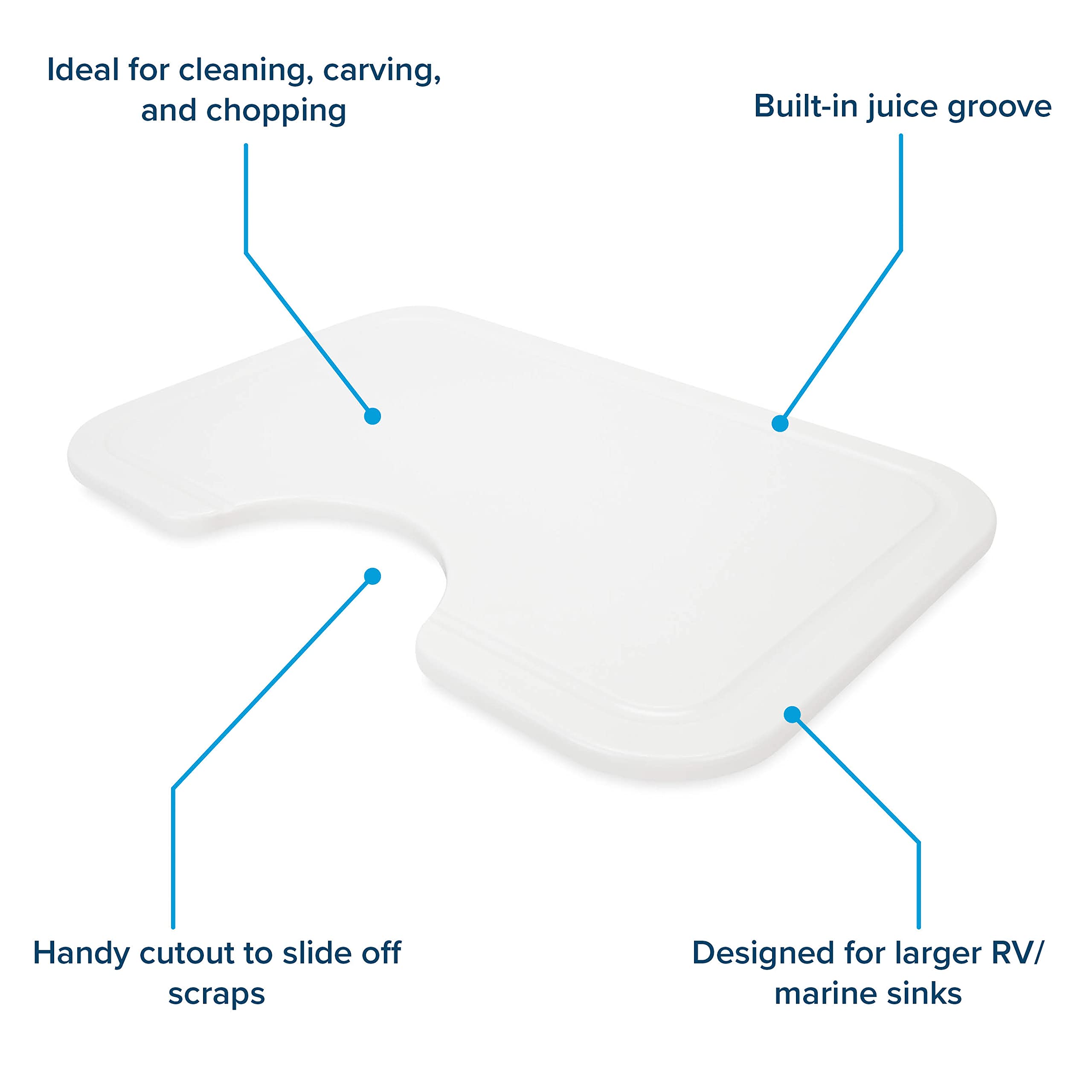 Camco Sink Mate RV/Marine Cutting Board | Features Adjustable Non-Slip Rubber Feet, Scrap Cut-Out, Built-in Juice Groove, and Measures 12-Inches x 18-Inches for Larger RV/Boat Sinks (43850)