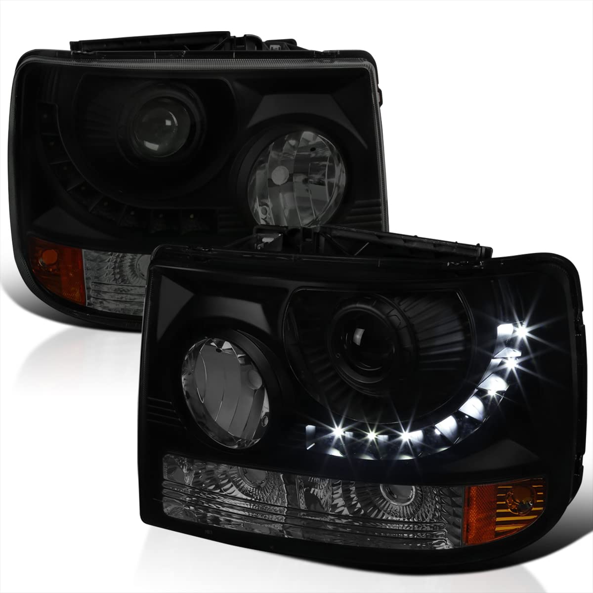 Black Smoke SPEC-D TUNING Projector Headlights w/LED Strip Compatible with 1999-2002 Chevrolet Silverado 1500, Left + Right Pair Headlamps Assembly