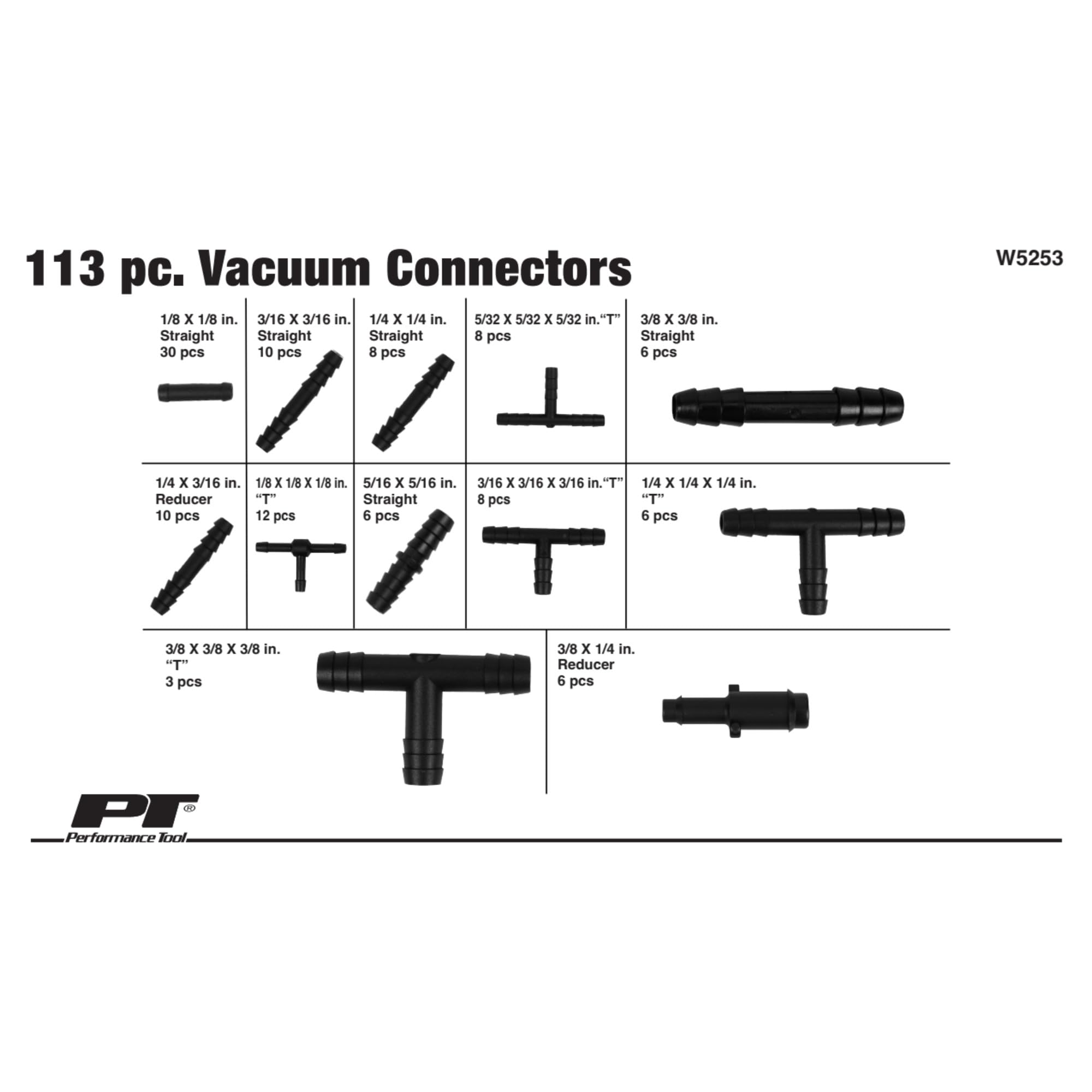 W5253 Performance Tool Heat-Resistant Vacuum Connector Repair Kit - Durable Plastic Construction with 113 Different Connectors