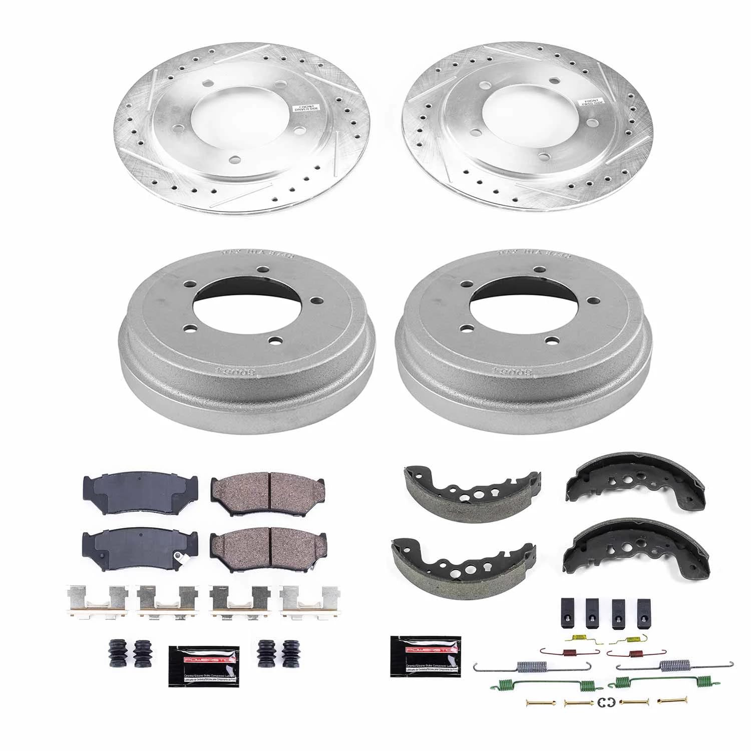 Power Stop K15186DK Z23 Carbon Fiber Brake Pads Front and Rear with Drilled & Slotted Brake Drums Kit For Suzuki Vitara 2000-2004 [Model Specific]