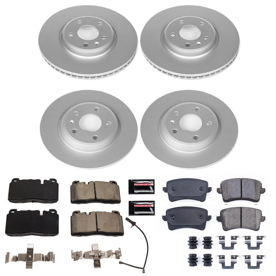 Power Stop Z23 CRK7096, Front and Rear Coated Rotor Kit-Coated Brake Rotors & Carbon Ceramic Brake Pads and 1 Front Sensor Wire For Audi Q5 2013 [Model Specific]