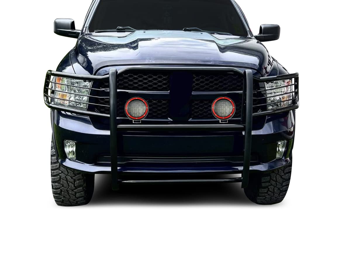 Grille Brush Black Horse Bumper Guard Modular Come with Pair of 5.3" Dia.LED Lights with Red Trim Rings Compatible with 2009-2018 Dodge Ram 1500|2019-2024 Ram 1500 Classic-17DG109MA-PLFR