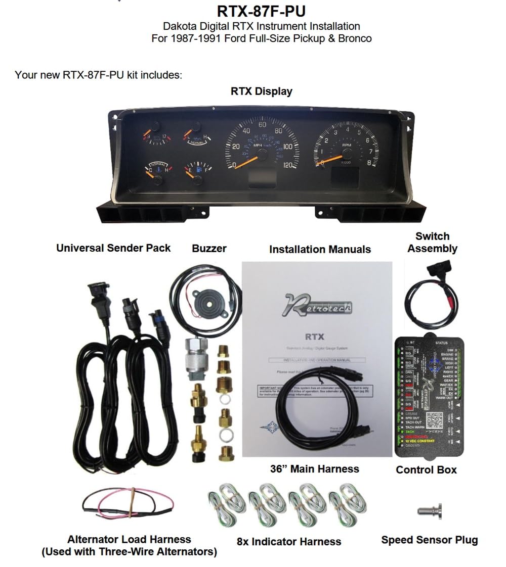 Dakota Digital Retrotech RTX-87F-PU-X Gauge Instrument System Compatible with Ford 1987-91 Pickup and Bronco