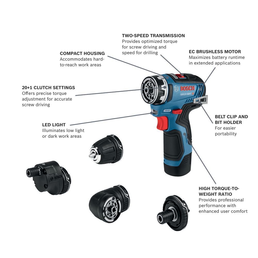 GSR12V-300FCB22 Bosch 12V Max Drill/Driver with 5-In-1 Flexiclick® System with (2) 2.0 Ah Batteries